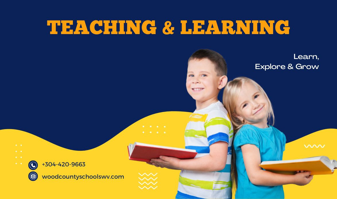 Teaching and Learning gallery image with blue and yellow colors. image of young boy and girl smiling and holding books. image includes contact phone and website address.